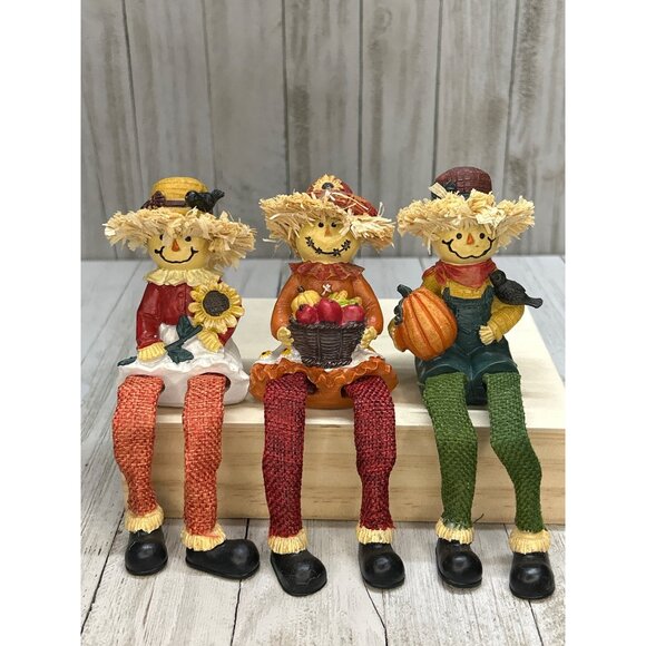 Vintage Set of 3 Scarecrow 6 inches Tall with Pumpkin Sunflower and Basket Hats - Picture 1 of 5
